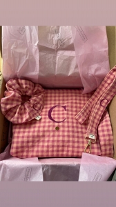 Packs bolso Vichy rosa blush personalizado + Coletero+ Lanyard.