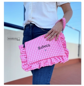 Bolso personalizado con volantes Vicky rosa flor combinado con negro